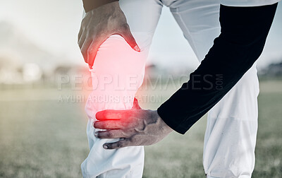 Buy stock photo Knee injury, red pain and hands of sports man or baseball player on field with graphic overlay. Running, fitness and athlete training or person legs with medical emergency, risk or accident outdoor