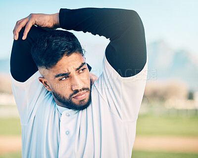 Buy stock photo Stretching, sports and man thinking at a baseball game for focus, motivation and training idea. Fitness, exercise and athlete with an arm warm up ready to start a competitive match on a field