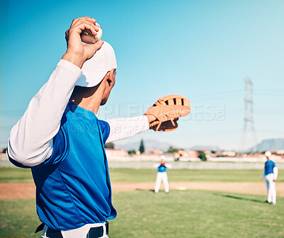 Buy stock photo Sports, pitcher and throwing with man on field for fitness, workout or training for competition match. Cardio, exercise and strike with athlete playing in outdoor stadium for game, practice or action