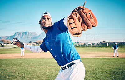 Buy stock photo Sports, pitching and fitness with man on field for throwing, workout or training for competition match. Cardio, exercise and strike with athlete playing in stadium for game, practice or action