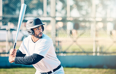 Sports, baseball and man in action with bat on field ready to hit ball in game, practice and competition. Fitness, motivation and male athlete outdoors for exercise, training and workout for match
