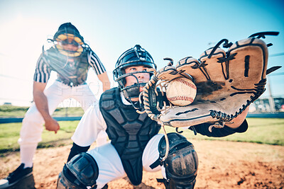 Buy stock photo Baseball, players and men on field, gloves and ball for competition, training and fitness. Mit, male athlete and guys outdoor, sportswear and workout for wellness, balance and healthy lifestyle