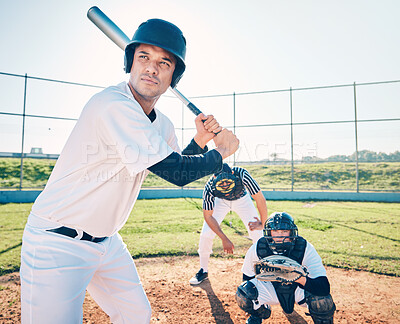 Buy stock photo Sports, baseball and serious team on field ready to hit in game, practice and competition. Fitness action, teamwork and male athletes outdoor for exercise, training and workout for sport match