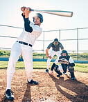 Sports, baseball and team with in action on field ready for playing game, practice and competition. Fitness, motivation and male athletes outdoors for exercise, training and workout for sport match