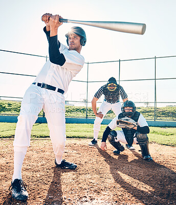 Buy stock photo Sports, baseball and team with in action on field ready for playing game, practice and competition. Fitness, motivation and male athletes outdoors for exercise, training and workout for sport match