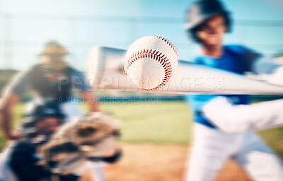 Baseball ball, athlete bat swing and speed on a outdoor sport field with team and blur. Sports fast pitch, softball player and man on stadium ground in a stadium and usa game for fitness training
