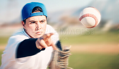 Buy stock photo Throwing, sports and fitness with man and baseball on field for pitching, training and competition. Action, speed and exercise with athlete and practice in stadium for workout, wellness and strike