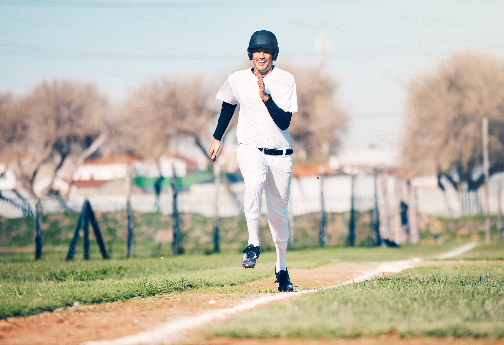 Buy stock photo Baseball, sports and fitness run of a sport player on a green outdoor field in a team game. Training, workout and exercise of a young athlete with happiness and freedom from runner speed in the sun