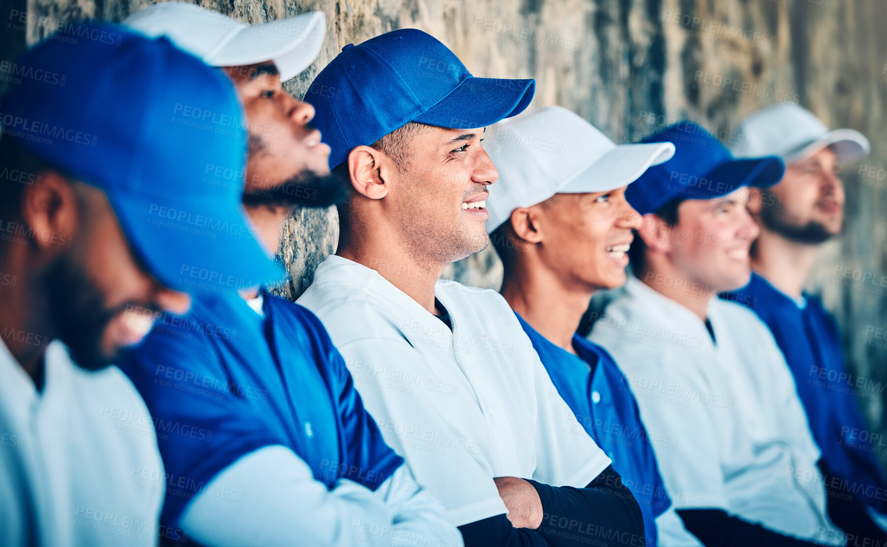Buy stock photo Sports, baseball and team of men in dugout, happy and watching training, match or game together. Diversity, friends and athletic group bonding at a field for exercise, workout and fitness routine