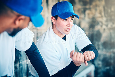 Buy stock photo Game plan, baseball player and man explaining pitch and softball hit in a sports dugout. Conversation, team communication and young person having a sport discussion for teamwork collaboration