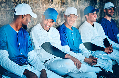 Buy stock photo Baseball, friends and team of men in dugout, happy and watching training, match or game together. Diversity, men and athletic group bonding at a field for exercise, workout and fitness routine