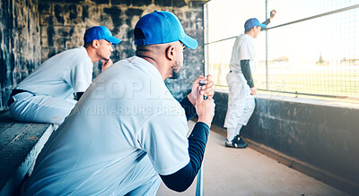 Buy stock photo Baseball, watching game and men with fitness, club uniform and focus with healthy lifestyle. Male athletes, players and team with confidence, motivation and waiting on bench to play and teamwork