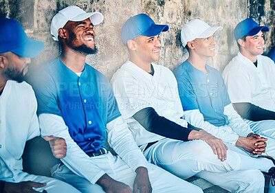 Buy stock photo Baseball, sports and team of men in dugout, happy and watching training, match or game together. Diversity, friends and athletic group bonding at a field for exercise, workout and fitness routine
