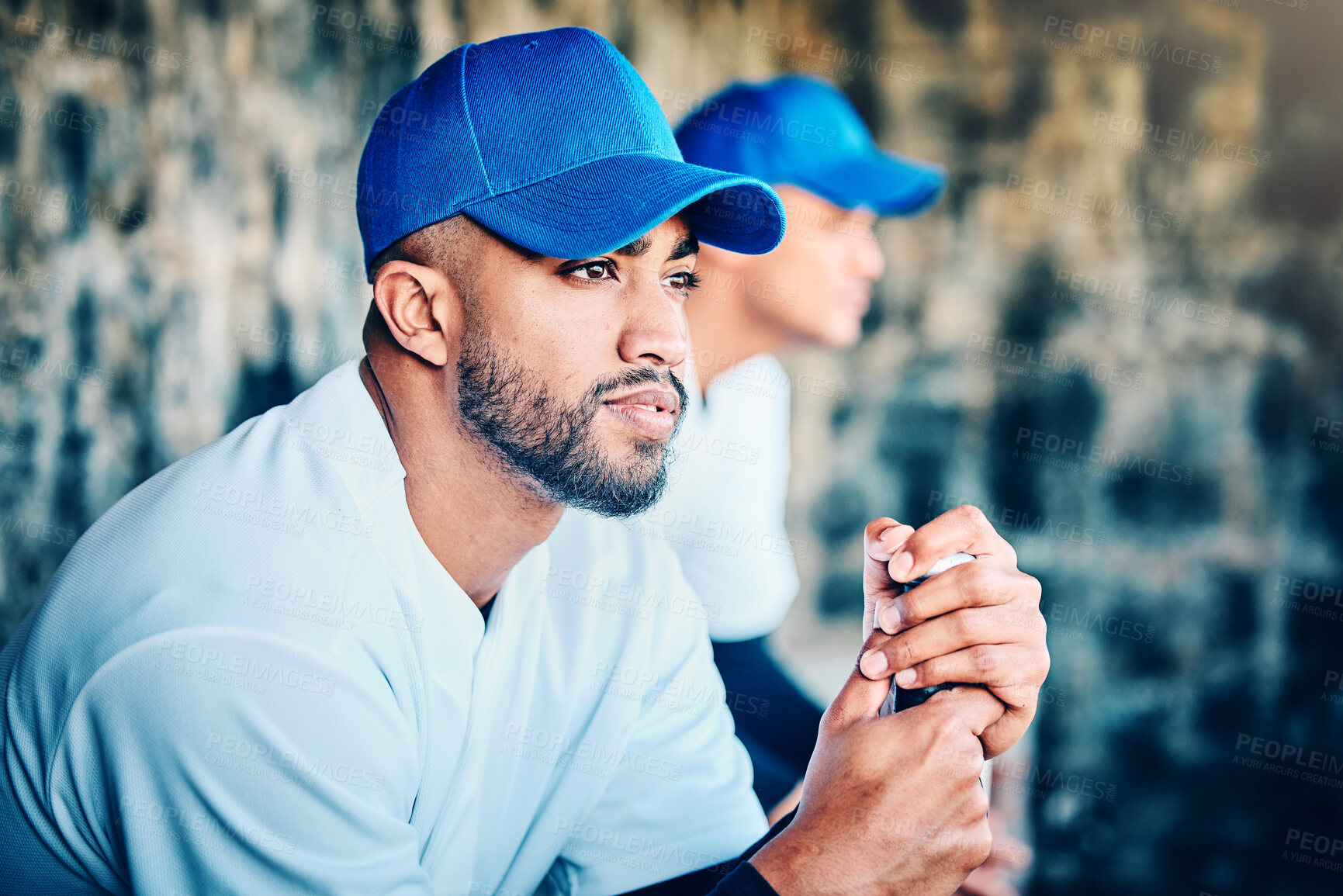 Buy stock photo Baseball player, stadium dugout and sport training focus of a athlete looking at game. Summer sports, teamwork and workout of a person with softball group at professional event for outdoor exercise