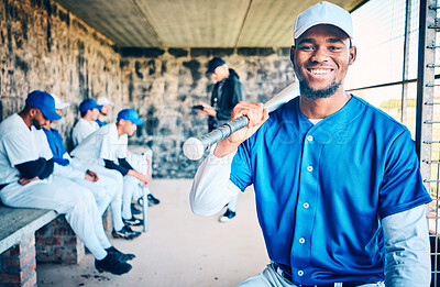 Buy stock photo Baseball player, black man portrait and sports stadium dugout with softball team at ball game. Training, exercise and motivation of a young athlete from Dallas with a smile for fitness workout