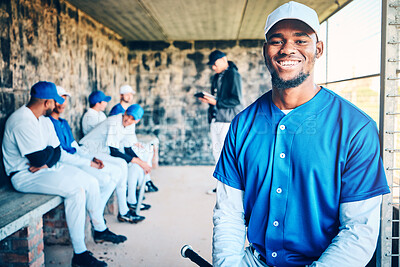 Buy stock photo Baseball player, dugout and happy portrait of a black man with sports team and smile in stadium. Exercise, fitness athlete and training motivation of a softball group at game feeling happiness