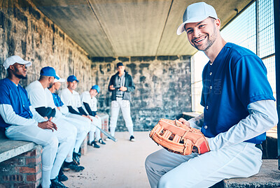 Buy stock photo Baseball player, sport dugout and portrait of a man with sports team with happiness from game. Happy, smile and athlete from Spain feeling happy from exercise, fitness and group training for softball