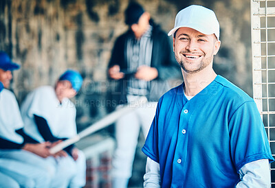 Buy stock photo Baseball player, portrait and field stadium dugout with softball team ready for ball game. Training, exercise and motivation of a young athlete from Los Angeles with a smile for fitness health