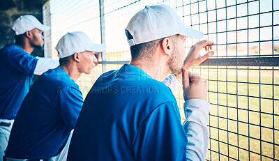Buy stock photo Sports, focus and baseball with man in dugout for thinking, training and planning strategy. Relax, teamwork and workout with group of people in park stadium for fitness, competition match or coaching