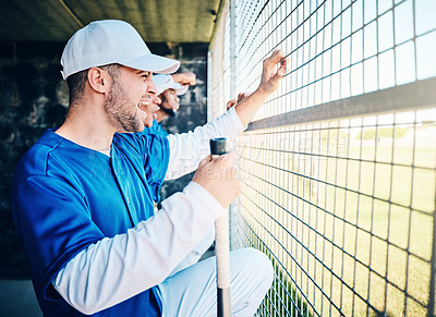 Buy stock photo Baseball, dugout and excited man watching game holding bat, competition and winning sport. Fitness, health and serious sports player waiting for turn to play in fun practice match at stadium or field