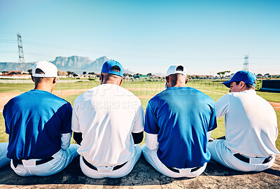 Buy stock photo Baseball team, sport athlete communication and men fitness sitting to relax before softball game. Sports, diversity and friends group together in a stadium ready for exercise, training and teamwork