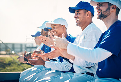 Buy stock photo Baseball, sports celebration and team applause for game victory, winning match and competition on field. Motivation, teamwork and happy men clapping hands, cheering and celebrate tournament success