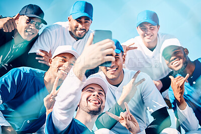 Buy stock photo Baseball men, team selfie and smile with peace, funny face and support with motivation, sports and sunshine. Group, teamwork and social media app for smartphone photography at game, contest or field