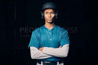 Buy stock photo Sports, baseball and portrait of black man on dark background serious about game, practice and competition. Fitness, sport mockup and male athlete focus for exercise, training and workout for match