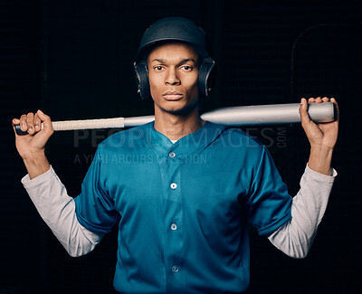 Buy stock photo Sports, baseball and portrait of man with bat on black background ready for game, practice and competition. Fitness, sport mockup and serious male athlete for exercise, training and workout for match