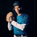 Baseball player, black man and studio portrait with focus, vision and balance for sport, fitness and motivation. Sports, exercise and training with goals, contest or competition by dark background