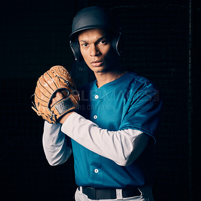 Buy stock photo Baseball player, black man and studio portrait with focus, vision and balance for sport, fitness and motivation. Sports, exercise and training with goals, contest or competition by dark background