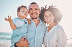 Happy love, beach sunshine and family bond, relax or enjoy quality time together for vacation, holiday peace or ocean freedom. Sky, outdoor travel portrait or nature people in Rio de Janeiro Brazil