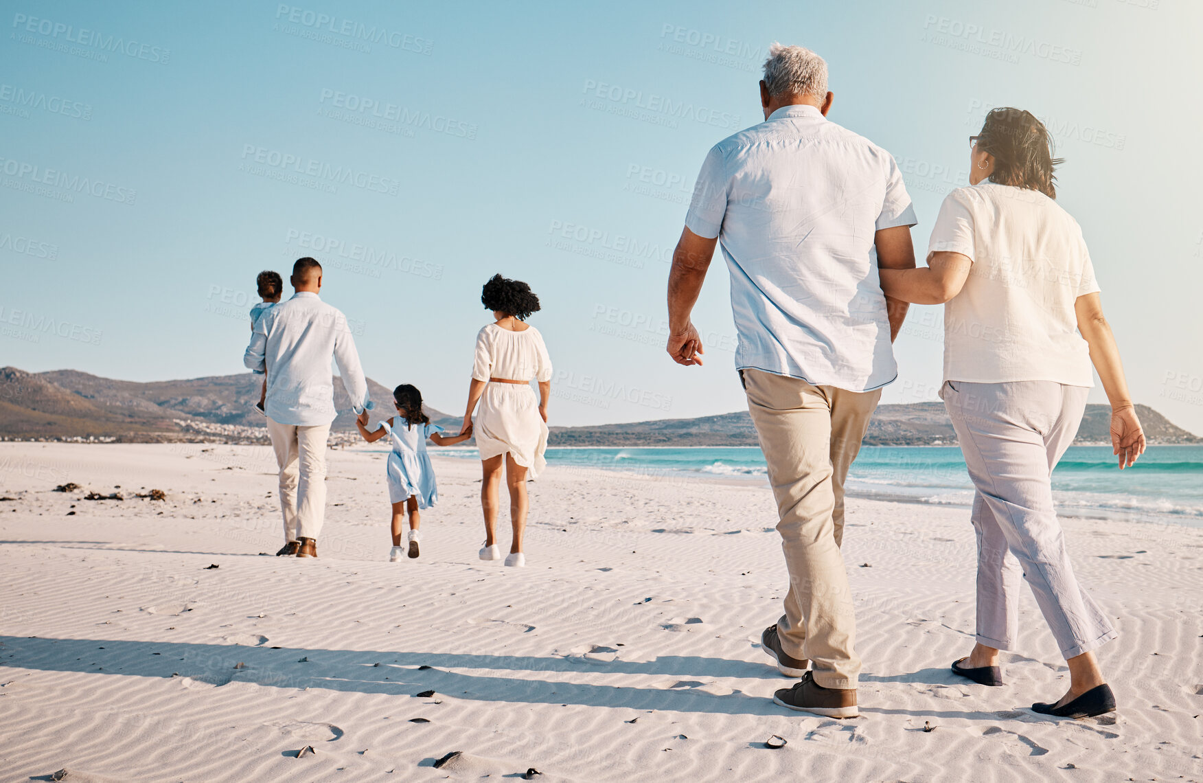 Buy stock photo Holding hands, beach family and people walk, bond or enjoy time together for travel vacation, holiday peace or freedom. Sea water, ocean love and back view of senior couple in Rio de Janeiro Brazil