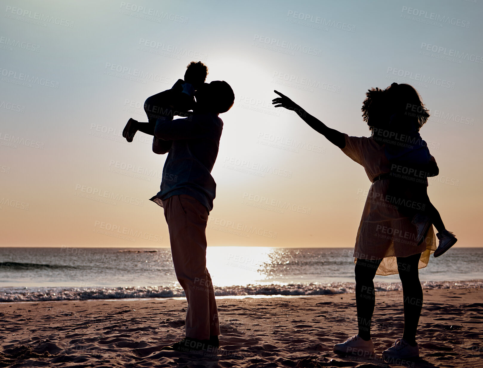 Buy stock photo Sunset silhouette, beach and family play, bond or enjoy quality time together for vacation love, holiday peace or freedom. Ocean sea water, nature travel shadow or fun nature people in Toronto Canada