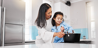 Buy stock photo Cooking, learning and happy with mother and daughter in kitchen for food, bonding and meal preparation. Smile, health and nutrition with woman and girl in family home for teaching, diet and skills