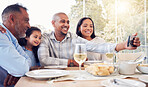 Black family selfie, lunch and happy in home with men, women and girl at table for celebration on web app. Man, smartphone photography and profile picture for social media with kid, parents and woman