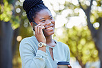 Black woman smile, phone communication and morning outdoor with blurred background and laughing. Happy, networking and business employee on a work break on mobile conversation and discussion by trees