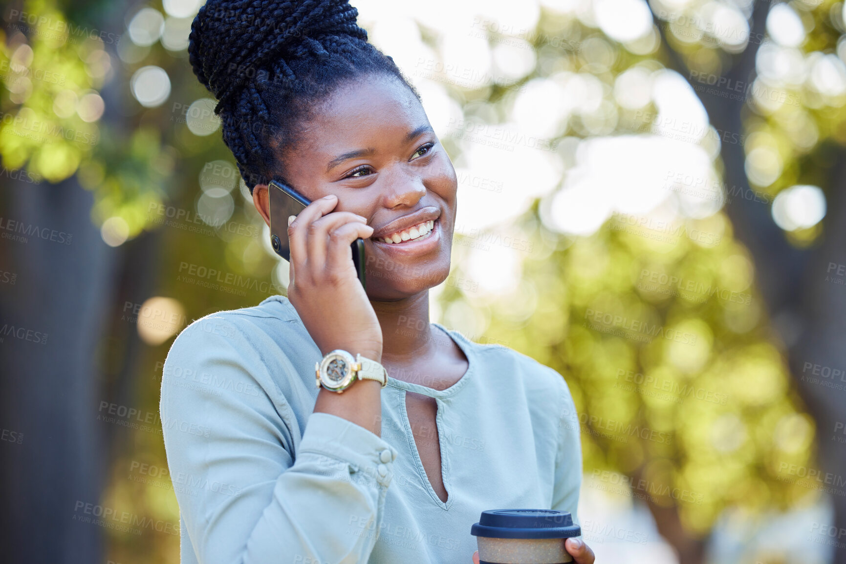 Buy stock photo Black woman smile, phone communication and morning outdoor with blurred background and laughing. Happy, networking and business employee on a work break on mobile conversation and discussion by trees