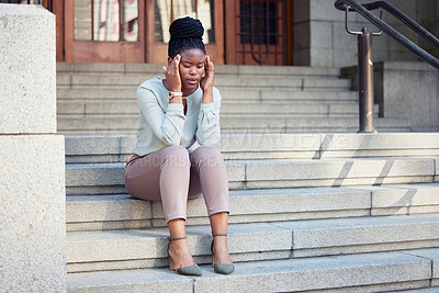 Buy stock photo Stress, headache and black woman on stairs with anxiety, panic attack or mental health problem. Corporate, pressure and lady with migraine outside of office building, worry or mistake, fail or crisis
