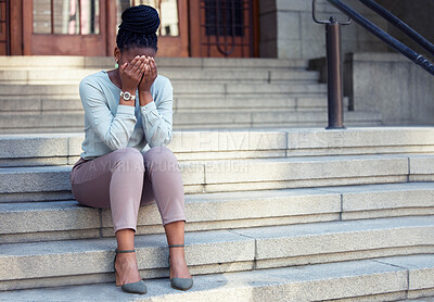 Buy stock photo Stress, crying and black woman on steps with anxiety, panic attack or mental health problem. Corporate, pressure and lady with headache outside of office building, worry or mistake, fail or crisis