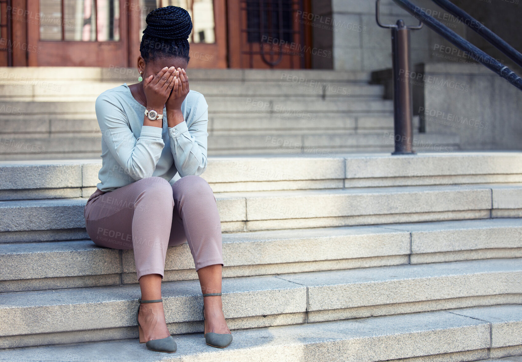 Buy stock photo Stress, crying and black woman on steps with anxiety, panic attack or mental health problem. Corporate, pressure and lady with headache outside of office building, worry or mistake, fail or crisis