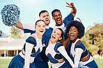 Portrait, team and cheerleaders with sports, excited and celebration on field, achievement and happiness. Face, group and people with joy, fitness and smile for win, victory and success with targets