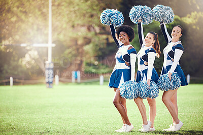 Buy stock photo Cheerleader, training or students in cheerleading team on a outdoor stadium field for fitness exercise. Athlete group, college sports or happy girls game ready for cheering, match or event together