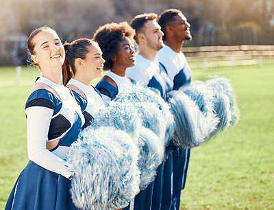 Buy stock photo Happy, sports and portrait of a cheerleader with a team for support, formation and motivation. Smile, teamwork and men and women cheering for sport, event or celebration on a field for cheerleading