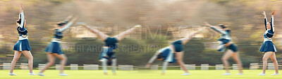 Buy stock photo Sports, athlete and woman doing a cheerleading trick on the field while performing a routine. Fitness, blur motion and female cheerleader doing a cart wheel with skill while practicing or training.