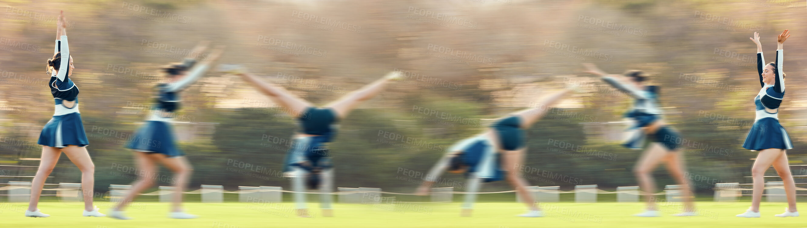 Buy stock photo Sports, athlete and woman doing a cheerleading trick on the field while performing a routine. Fitness, blur motion and female cheerleader doing a cart wheel with skill while practicing or training.