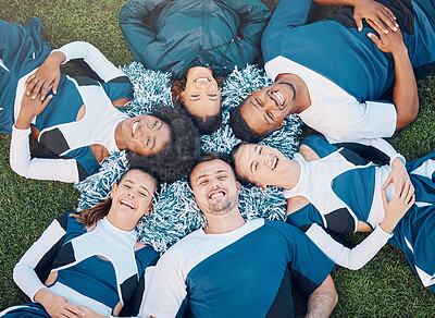Buy stock photo Relax, cheerleader and sports with people on field for training, gymnastics and solidarity from top view. Happy, college and motivation with group of friends for cheerleading, fitness and event