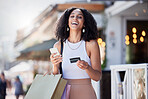 Shopping, credit card and portrait of woman with phone for ecommerce, information or confirmation. Online payment, face and banking for girl retail customer at a mall while checking credit score