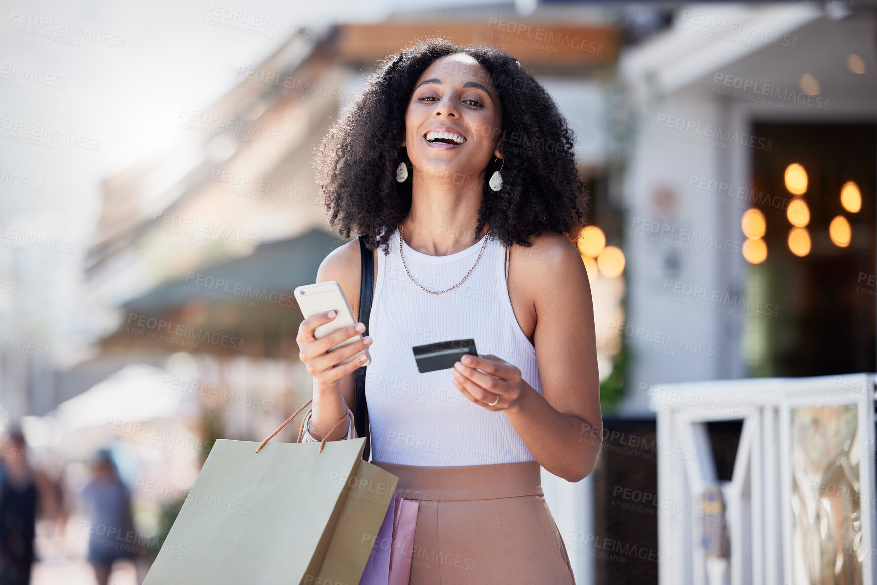 Buy stock photo Shopping, credit card and portrait of woman with phone for ecommerce, information or confirmation. Online payment, face and banking for girl retail customer at a mall while checking score