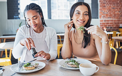 Buy stock photo Food, friends and portrait of women in cafe eating together on lunch date on fun summer weekend. Friendship, social and hungry people, woman and girl friend in restaurant or coffee shop with sandwich